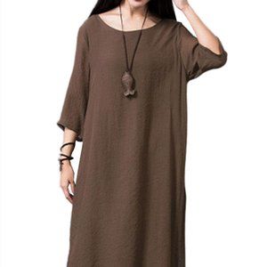 Two-Tone Brown Boho Linen-cotton Loose Long Maxi Dress